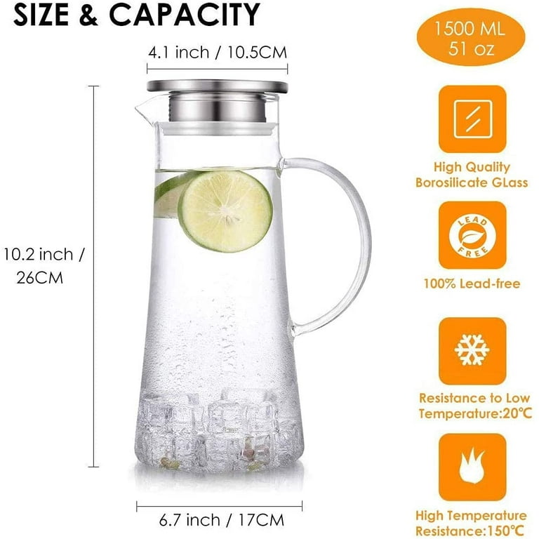 Glass Pitcher with Lid, 34 Oz Heat Resistant Glass Water Carafe with Handle  for Fridge, Small Pitcher for Iced Tea, Milk, Hot and Cold Beverage, Glass