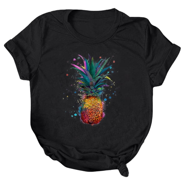 Gibobby Camisetas Mujer Manga Corta Mujeres Casual Piña Impresión Mangas Cuello Redondo Camiseta Suelta Blusa Tops(Negro,CH)