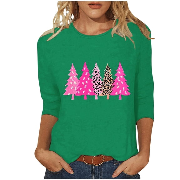 Makaor Plus Size Dressy Tops for Women Crew Neck Shirts Christmas Tree Graphic 3/4 Sleeve Pullover Tees Cute Vacation Clothes