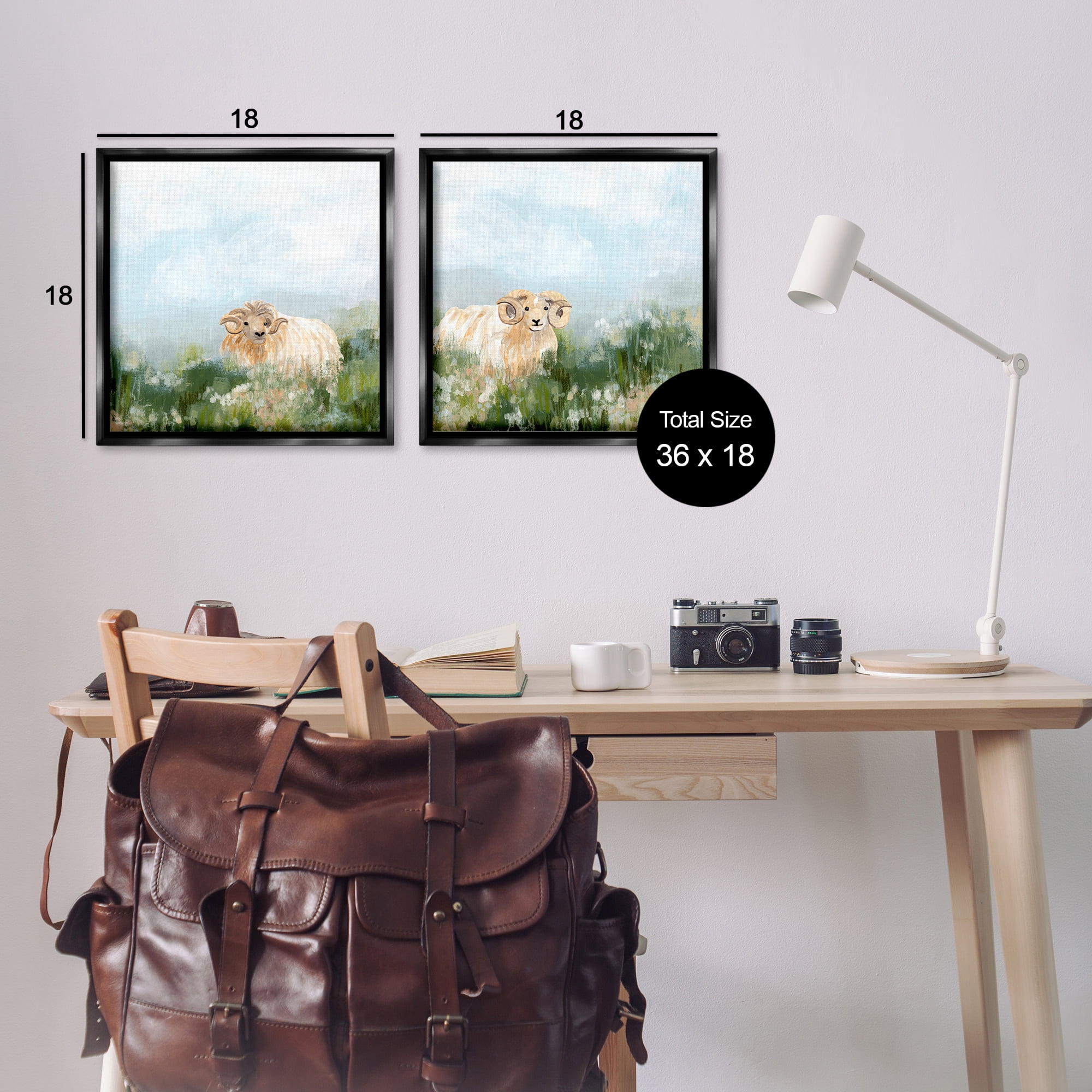 Stupell Industries Curly-Horned Sheep Field Animals Painting Black Floater Framed Canvas Art Print Wall Art, 18 x 18, Set of 2