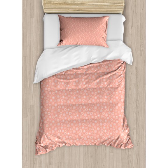 Abstract Duvet Cover Set Twin Size, Illustration of Soft Spring-Themed Flower Like Elements in Warm Tones, Decorative 2 Piece Bedding Set with 1 Pillow Sham, Coral and Pale Salmon, by Ambesonne