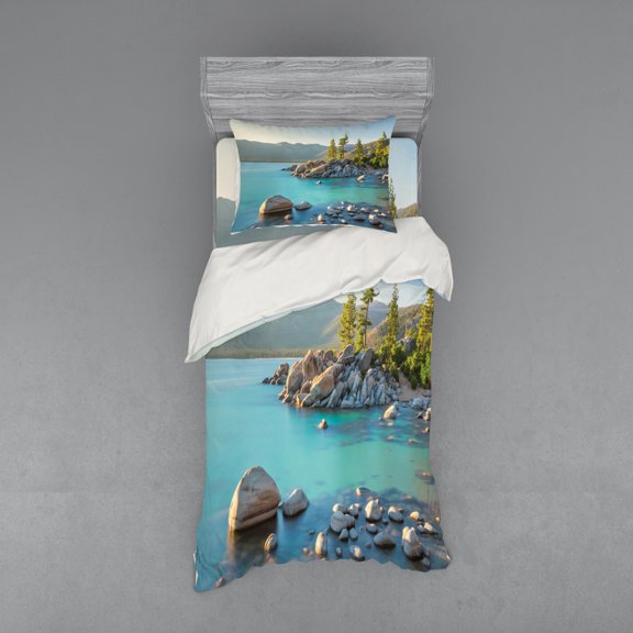 Ambesonne Nature Bedding Set 3 Pcs, Countryside Lake Beach, Twin, Blue Grey