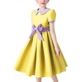 thumbnail image 5 of IBTOM CASTLE Kids Girls 1950s Retro Vintage Tea Party Bowknot Dress Short Puff Sleeve Contrast Panel Swing Party Dresses 5-6 Years Yellow, 5 of 7