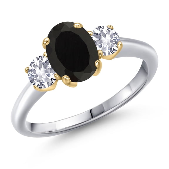 Gem Stone King 925 Silver and 10K Yellow Gold Black Onyx and White Created Sapphire Engagement Ring for Women | 2.10 Cttw | Oval 8X6MM | Gemstone December Birthstone | Size 6