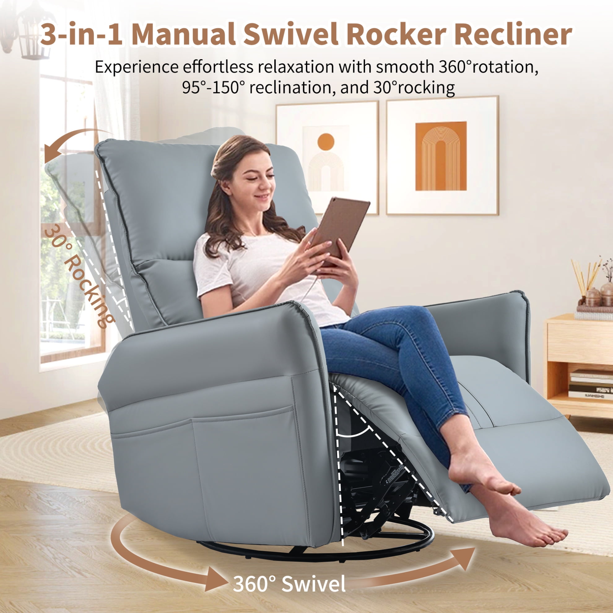 360° Swivel Rocker Recliner Chair,Swivel Nursery Rocking Chair w/Pull ,Glider Chair,Modern Rocking Swivel Recliner Chair for Bedroom,Living Room Chair Home Theater Seating, Blue Gray