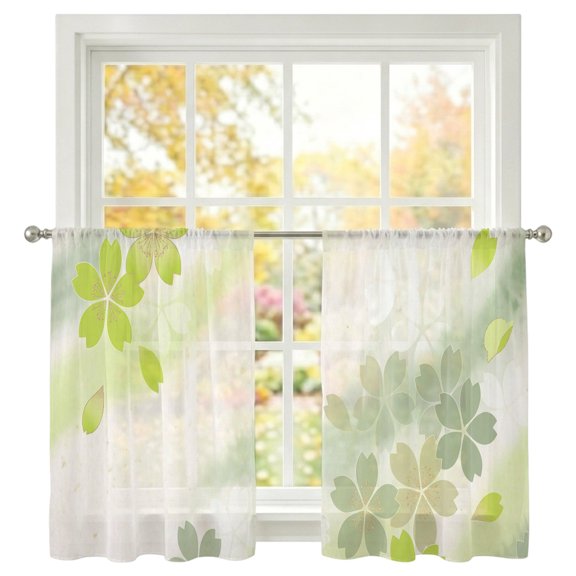 Light Green Cherry Blossoms Sheer Curtains 54 Inch Long 2 Panels Abstract Ombre Floral Petals Light Filtering Rod Pocket Curtains, Sheer Voile Drapes for Living Room Bedroom 52"x54"