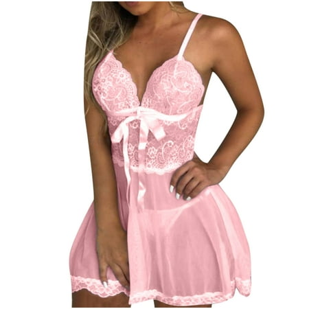 

Womens Pajamas Nightgowns for Women Women s Fashion Sling Soild Lingerie Lace Bow Mesh Nightdress on Clearance