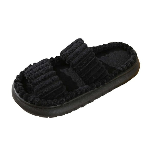 Amidoa House Slippers for Women Furry Corduroy Black Memory Foam Bedroom Indoor Slip on Slippers Women Shoes 36