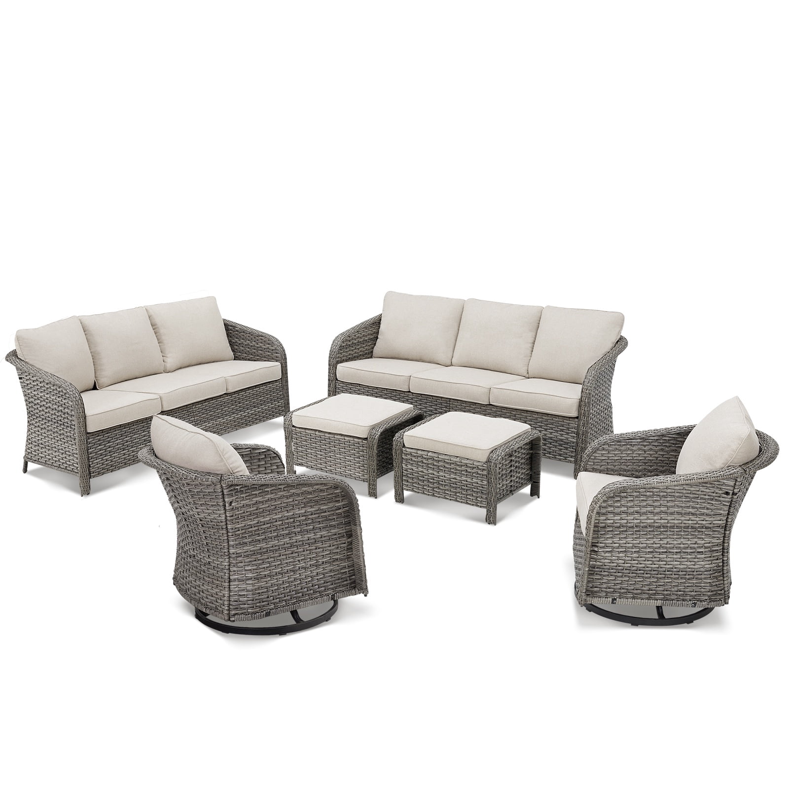 PPorfamilia 6 Piece PE Rattan Patio Conversation Sofa Sets, Outdoor Sectional Furniture Sets with Rocking Swivel Chairs and Ottomans, Beige Cushions
