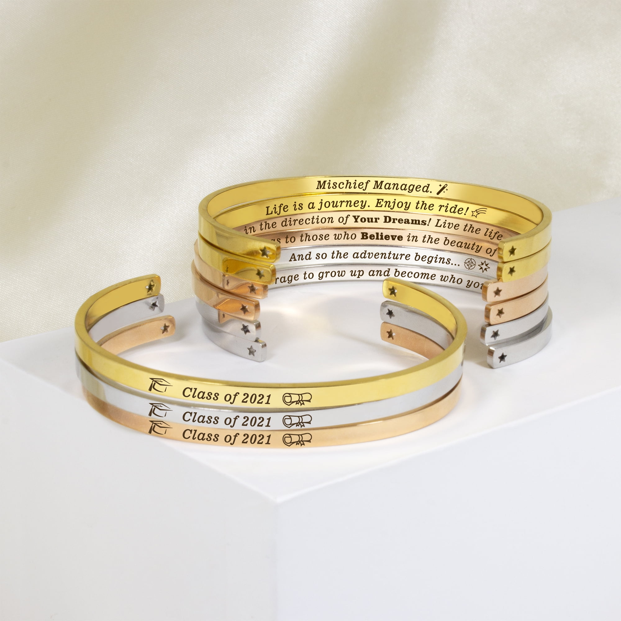"Mischief Managed" Silver Stainless Steel Graduation Theme Hidden Message Gift for Her Cuff Bracelet with Gift Set