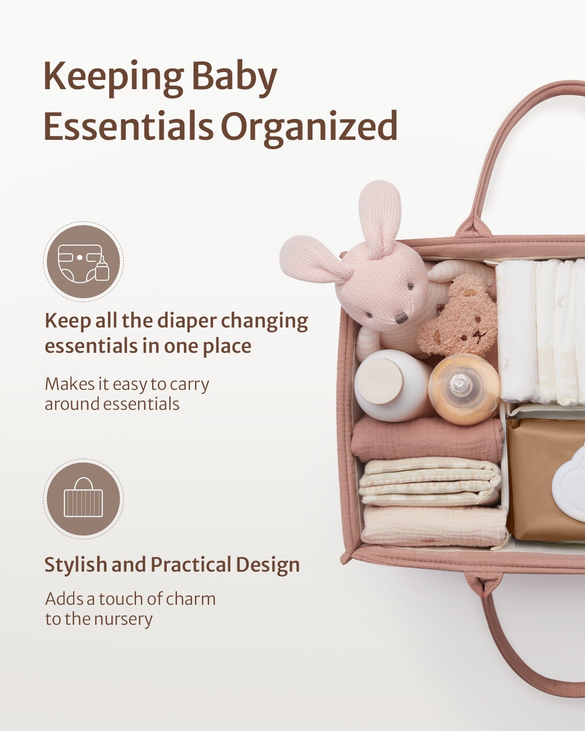 Blissful Diary Diaper Caddy Organizer,Baby Baskets for Baby Shower, Portable Nursery Changing Table Organizer, Diaper Bag, Infant Newborn Essentials Gift, Baby Registry Must Have, Dusty Rose