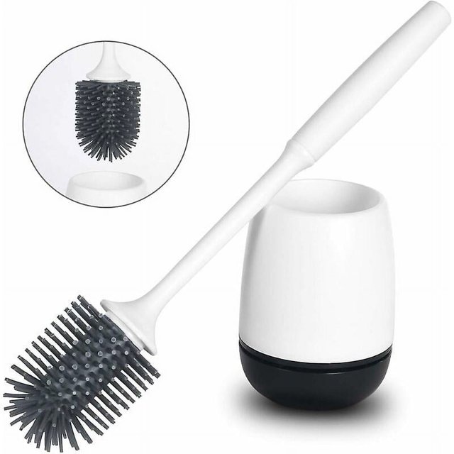 Escobilla para Inodoro, Escobilla para Inodoro de Silicona Antibacteriana, con Soporte de Pared, Cabezal de Cepillo de Limpieza de Doble Cara, Mango Largo y Recipiente (Blanco)