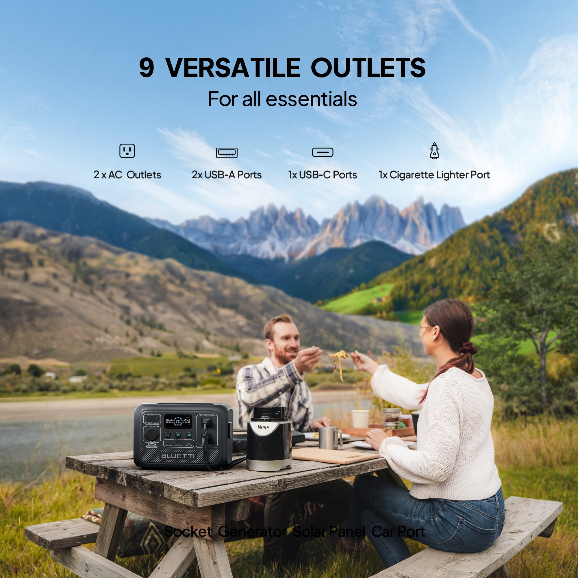 BLUETTI Portable Power Station AC2A with 100W Solar Panel, 204Wh LiFePO4 Battery Backup w/ 2 300W (600W Power Lifting) AC Outlets, Recharge to 80% in 40 Min., Solar Generator for Outdoor Camping