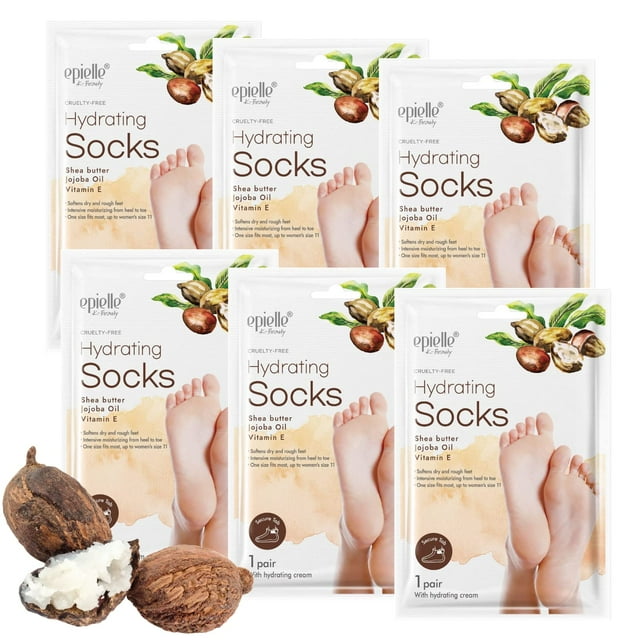 Nuevas mascarillas hidratantes para pies Epielle | Paquete de 6 calcetines | Para pies agrietados, talones secos, dedos y callos | Manteca de karité Aceite de jojoba Vitamina E | Cuidado de la piel co