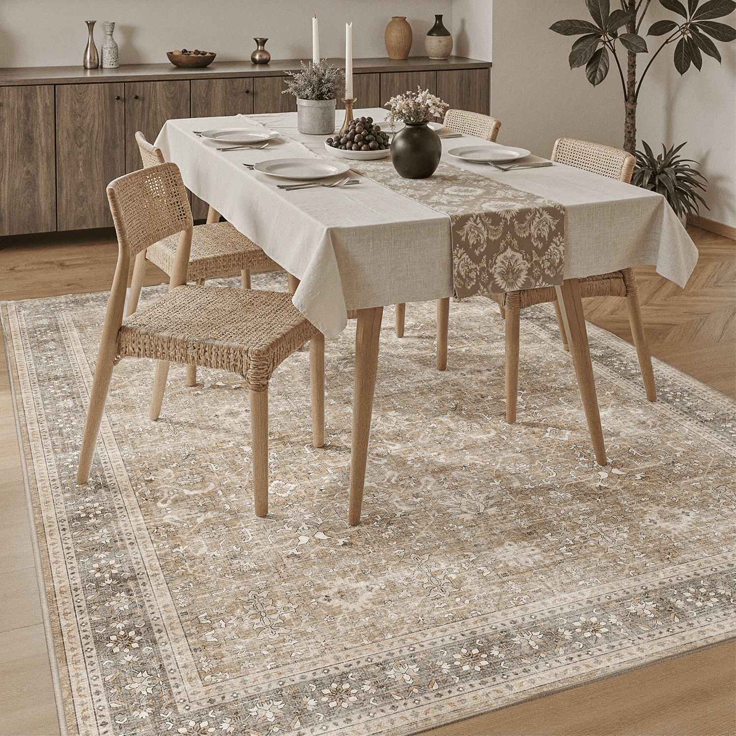 Floral 5x7 Area Rug, Machine Washable, Soft Vintage Floral Rug Non Slip Stain Resistant for Living Room, Bedroom, Dining Room -Beige