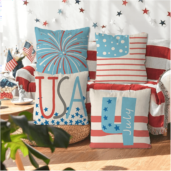 4th of July Pillow Covers 18x18 America Flag Stars Independence Day Decorations Home of The Free Memorial Day Patriotic Throw Cushion Case for Home Sofa Couch