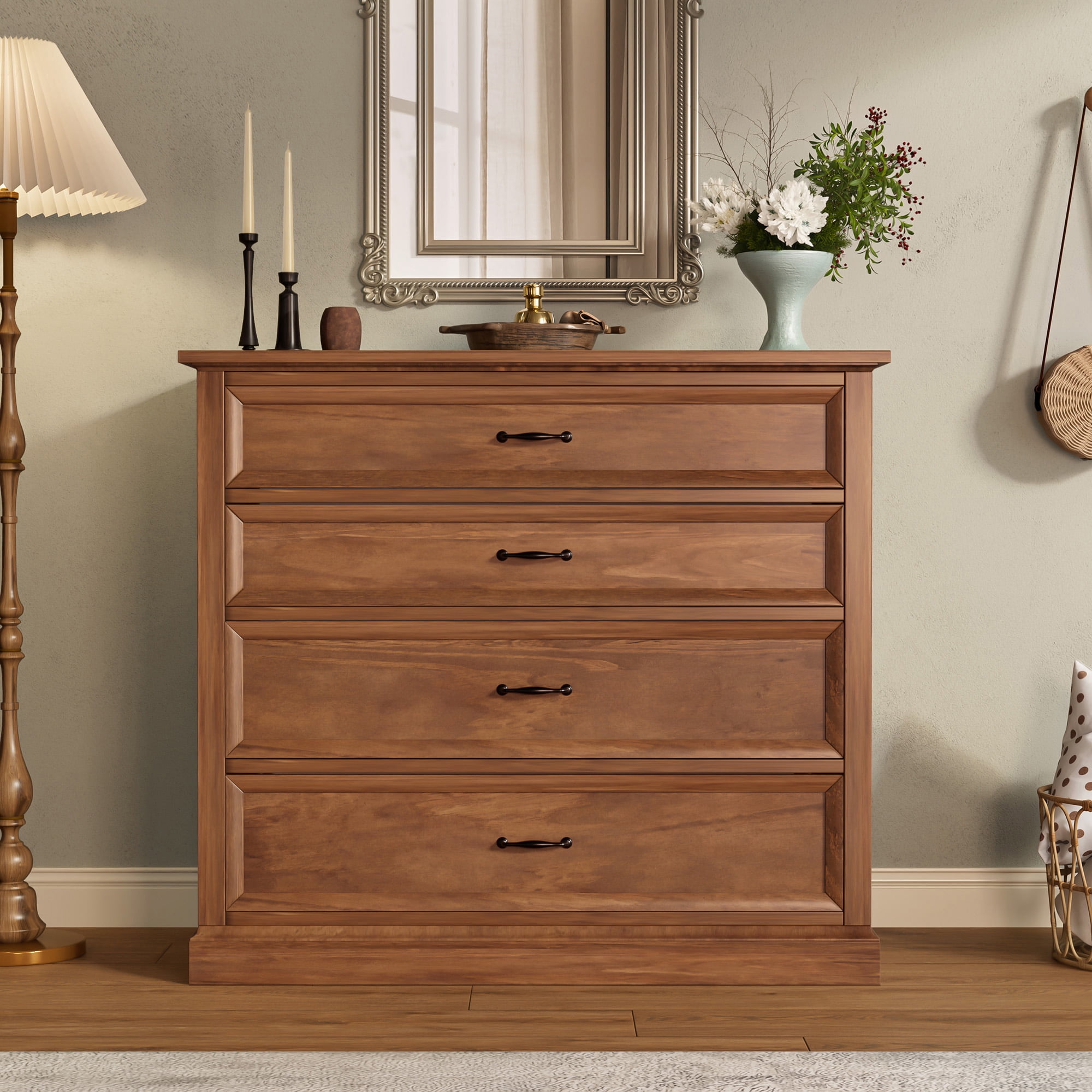 Mintazer 4 Piece Farmhouse Bedroom Set, Bedroom Furniture Set with Queen Size Platform Bed Frame and 2 Nightstands & Dresser for Bedroom, Walnut