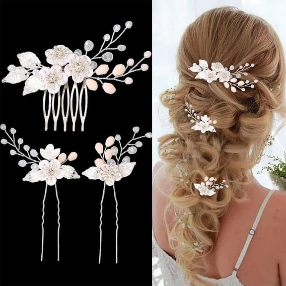 3 Piece Flower Wedding Hair Pins Silver Leaf Bridal Hair Clips Headpiece Vintage Rhinestone Hair Comb Hair Accessories for Women and Bride