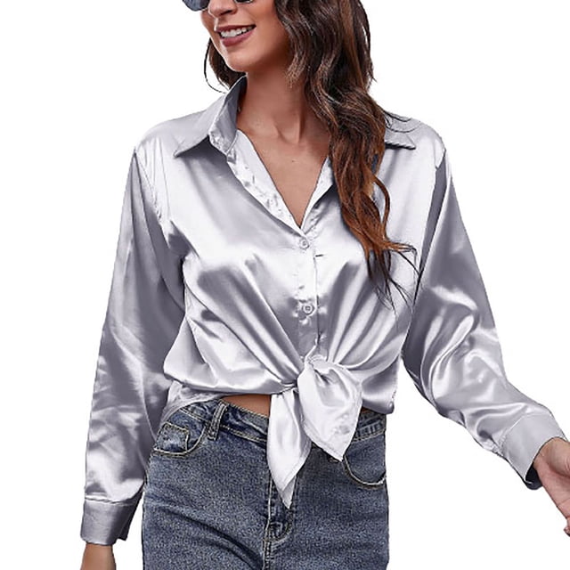 IROINID Économies Chemises à Manches Longues Col en V pour Femmes Col Rabattu Couleur Unie Chemise de Détente Tee Tops, Gris