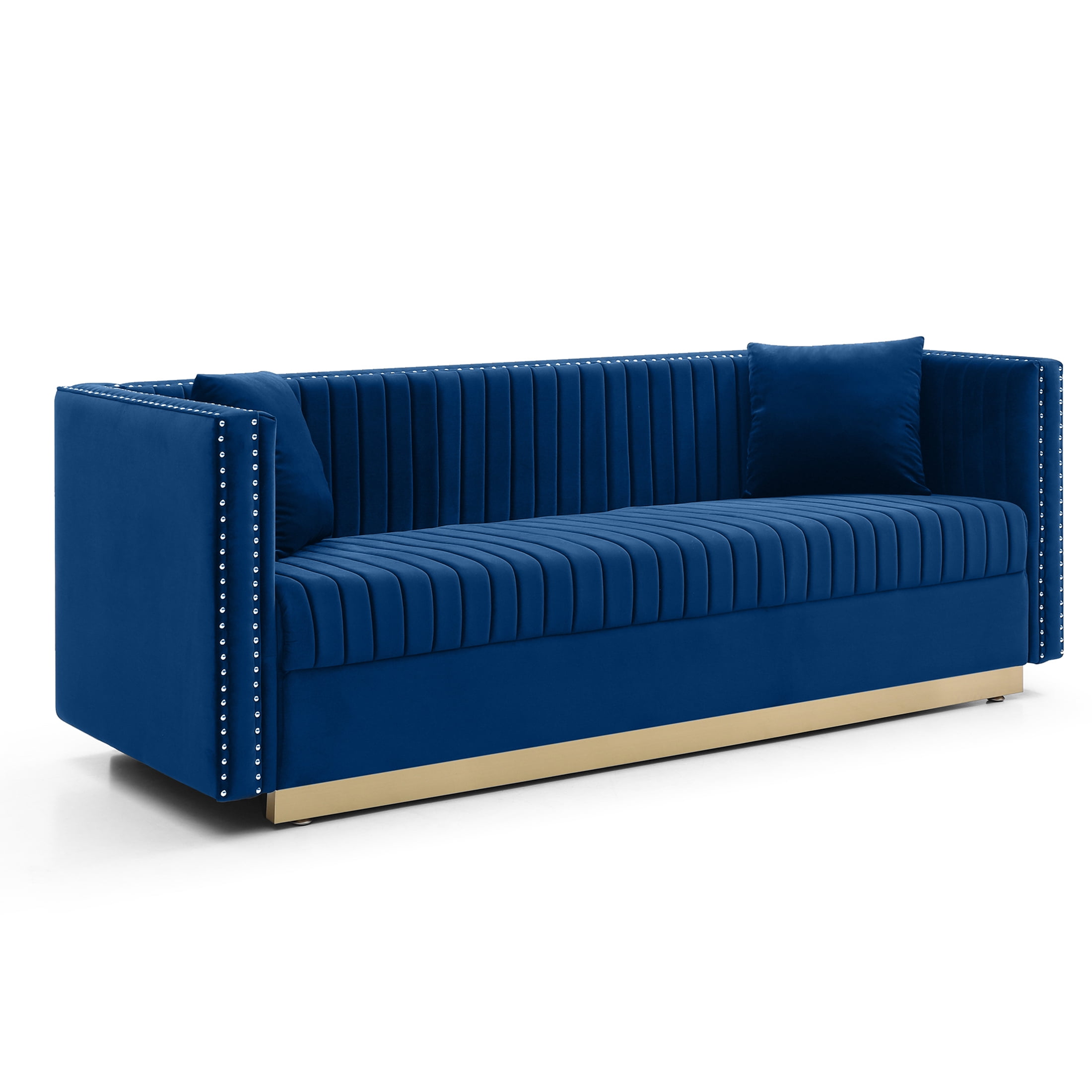 FFH 78" Mid-Century Modern Velvet Sofa with Deep Seat, 3-Seater Comfy Sofa with Nailhead Trimming and 2 Pillows, Upholstered Lounge Couch for Living Room