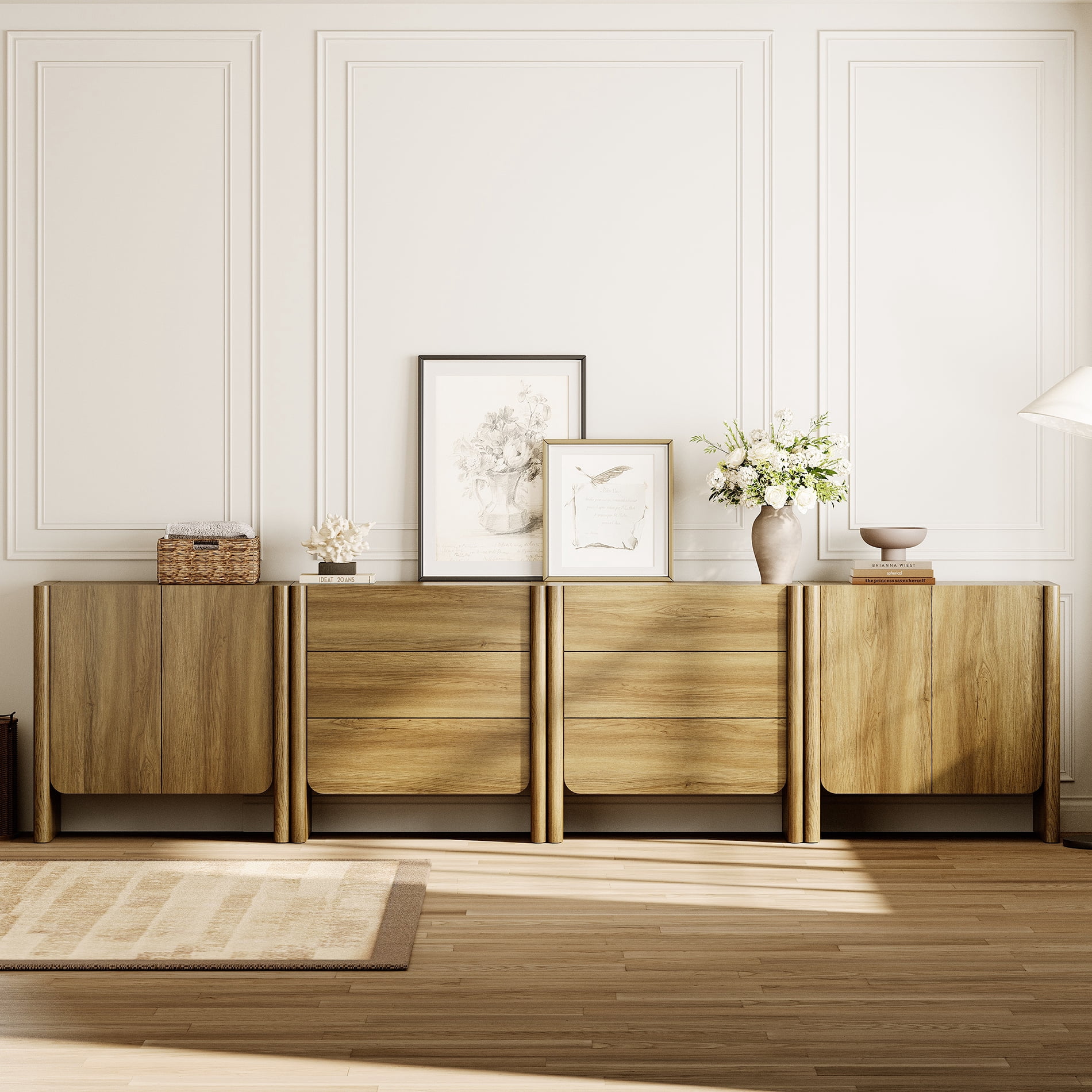 Modern French TV Stand, 126-Inch 4-Piece Media Console with 4 Doors and 6 Drawers, Supports TVs up to 130 Inches, Walnut