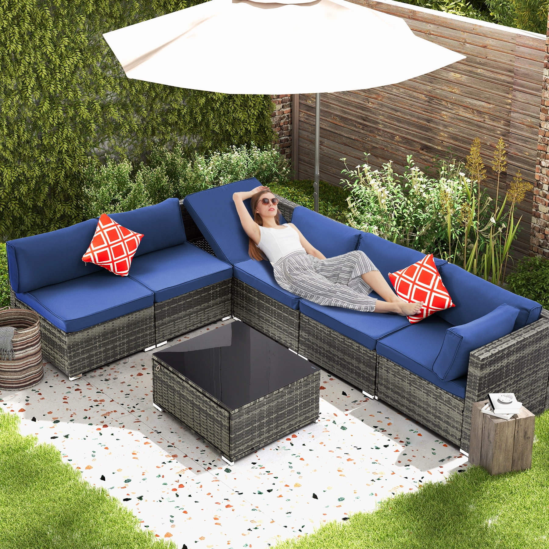 Homrest 7 Piece Patio Furniture Set with Adjustable Bracket All-Weather Wicker Conversation Set with Coffee Table for Porch Garden Backyard (Blue)