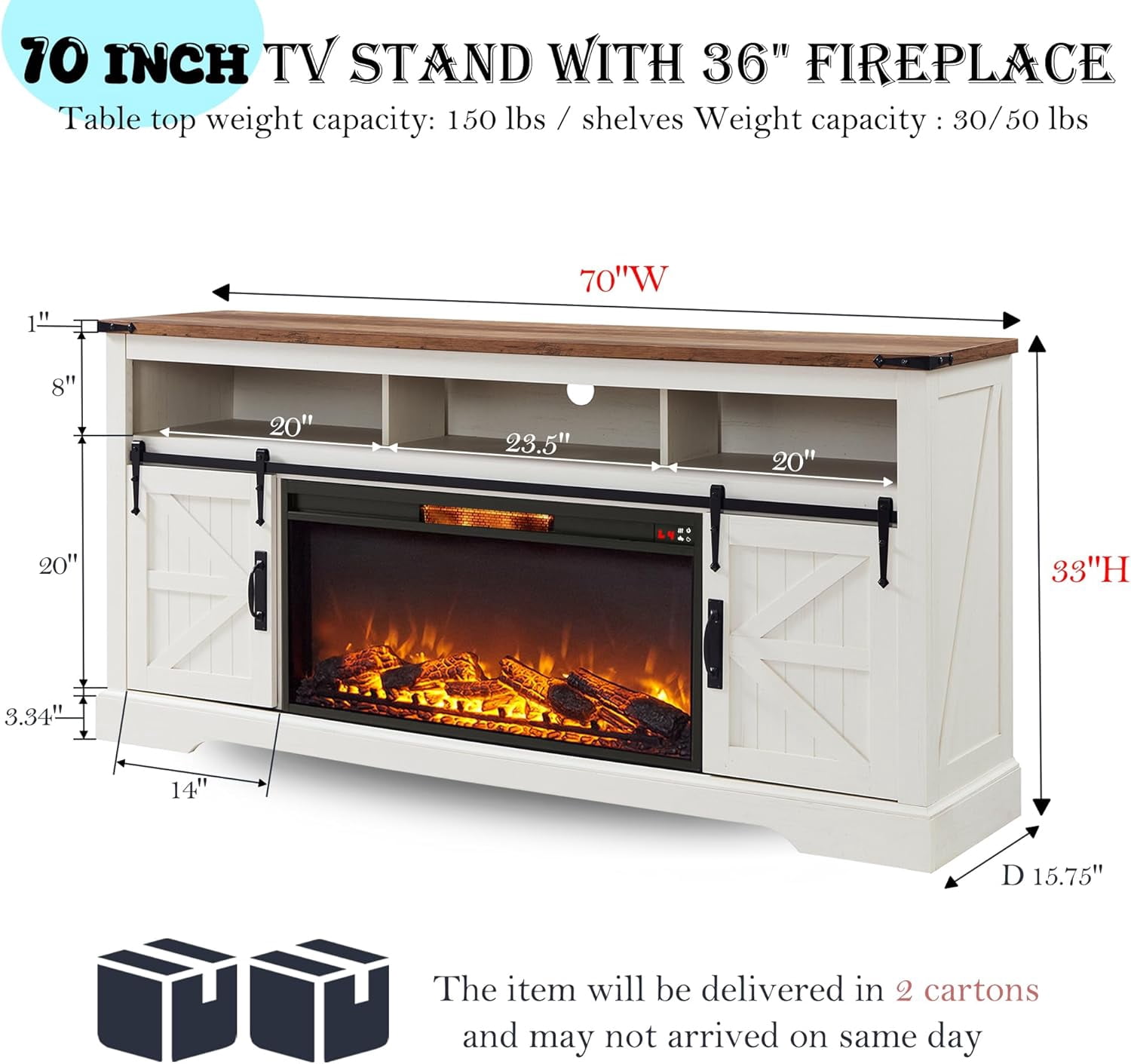 OKD Farmhouse Fireplace TV Stand for 80" TV, Highboy Entertainment Center with 36" Electric Fireplace, Media Console with Sliding Barn Door for Living Room, Antique White