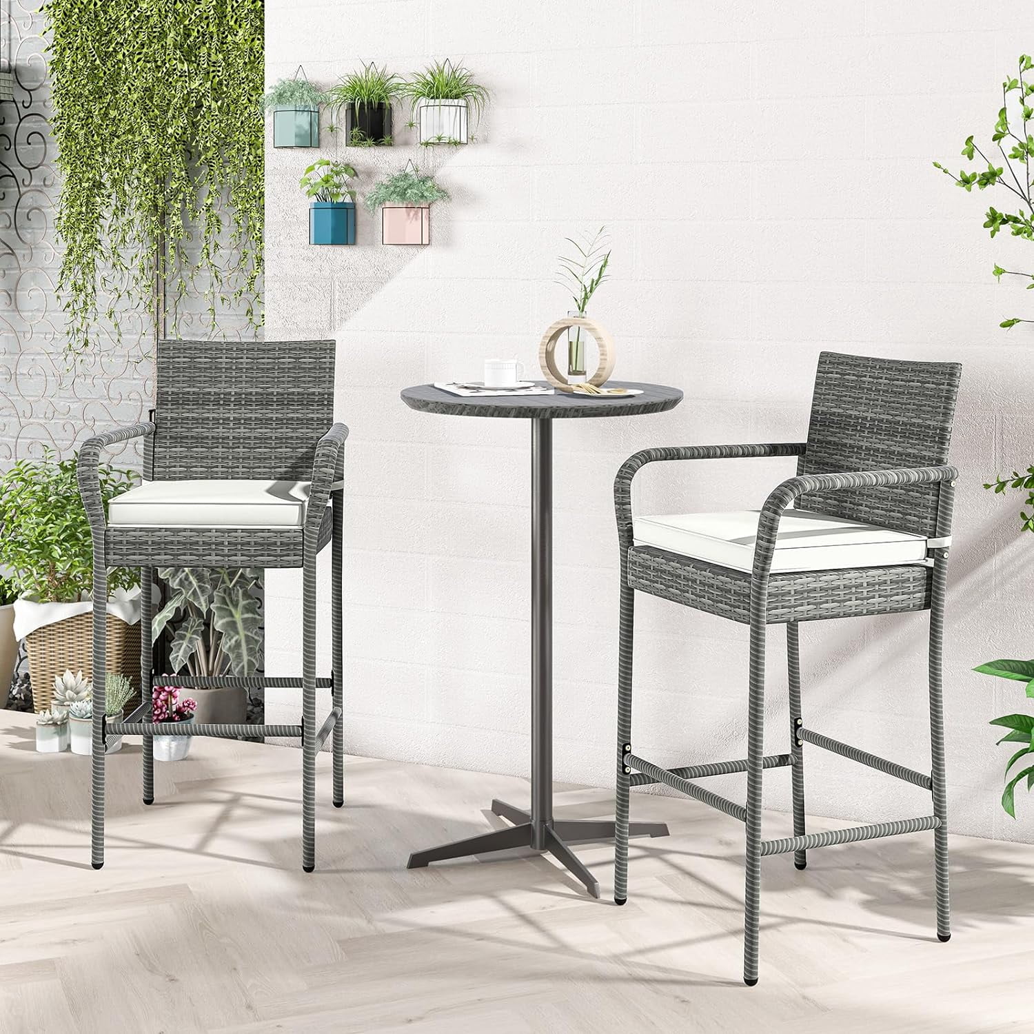 2 Pcs Outdoor Wicker Rattan Patio Bar Stools Counter Bar Height Chairs,Cushions,Mix Gray
