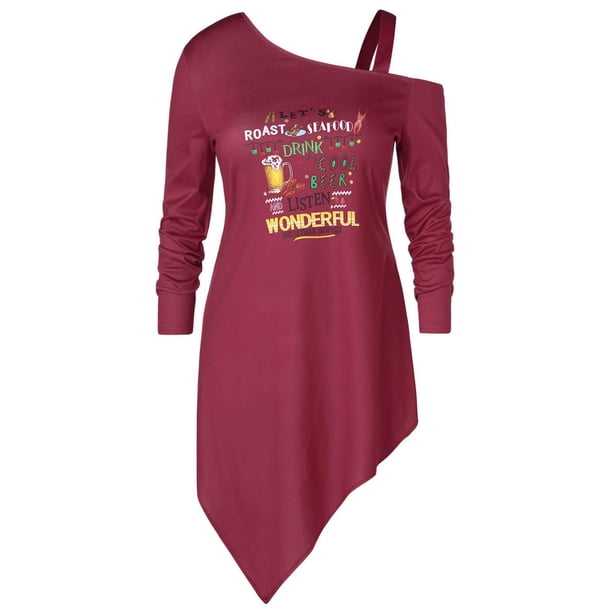 Camiseta de Navidad con estampado de letras asimétricas y tallas grandes Rosegal Sudaderas y sudaderas con capucha