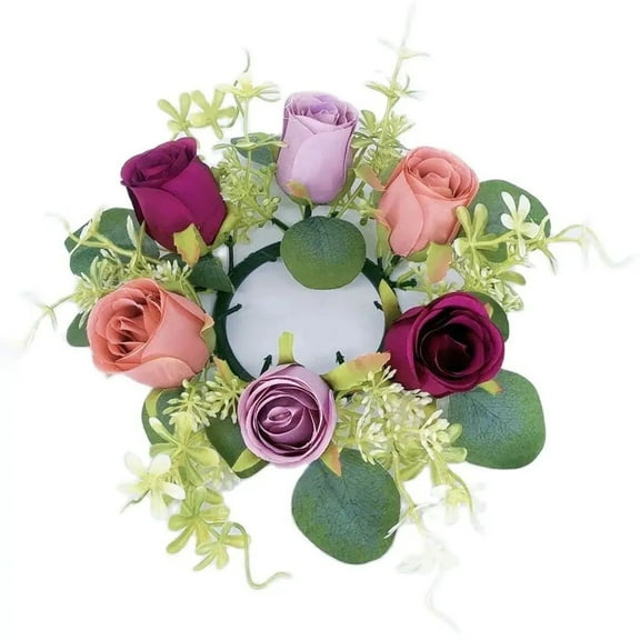 Wedding Rose Candle Rings Artificial Floral Wreaths with Green Leaves White Flower Candle Rings Candleholders Garland for Wedding Pillar Centerpiece Party Table Decor