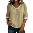 thumbnail image 2 of Uootdi Women's Tops V Neck 3/4 Sleeve Floral Embroidered Linen Blend Casual Blouses Summer Picnic Style Lightweight Breathable Loose Fit Shirts Gift, 2 of 6