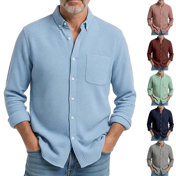 Men's Casual Long Sleeve Waffle Knit Button Down Solid Color Pocket Shirt for Spring Fall Casual Style,Deep Red,L