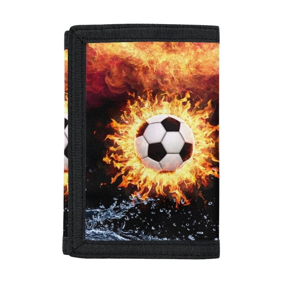 CHAQLIN Trifold Card Wallet with Flaming Soccer Print, Elastic Polyester Lightweight Foldable Wallet for Kids Toddler Boys Sports and Holiday