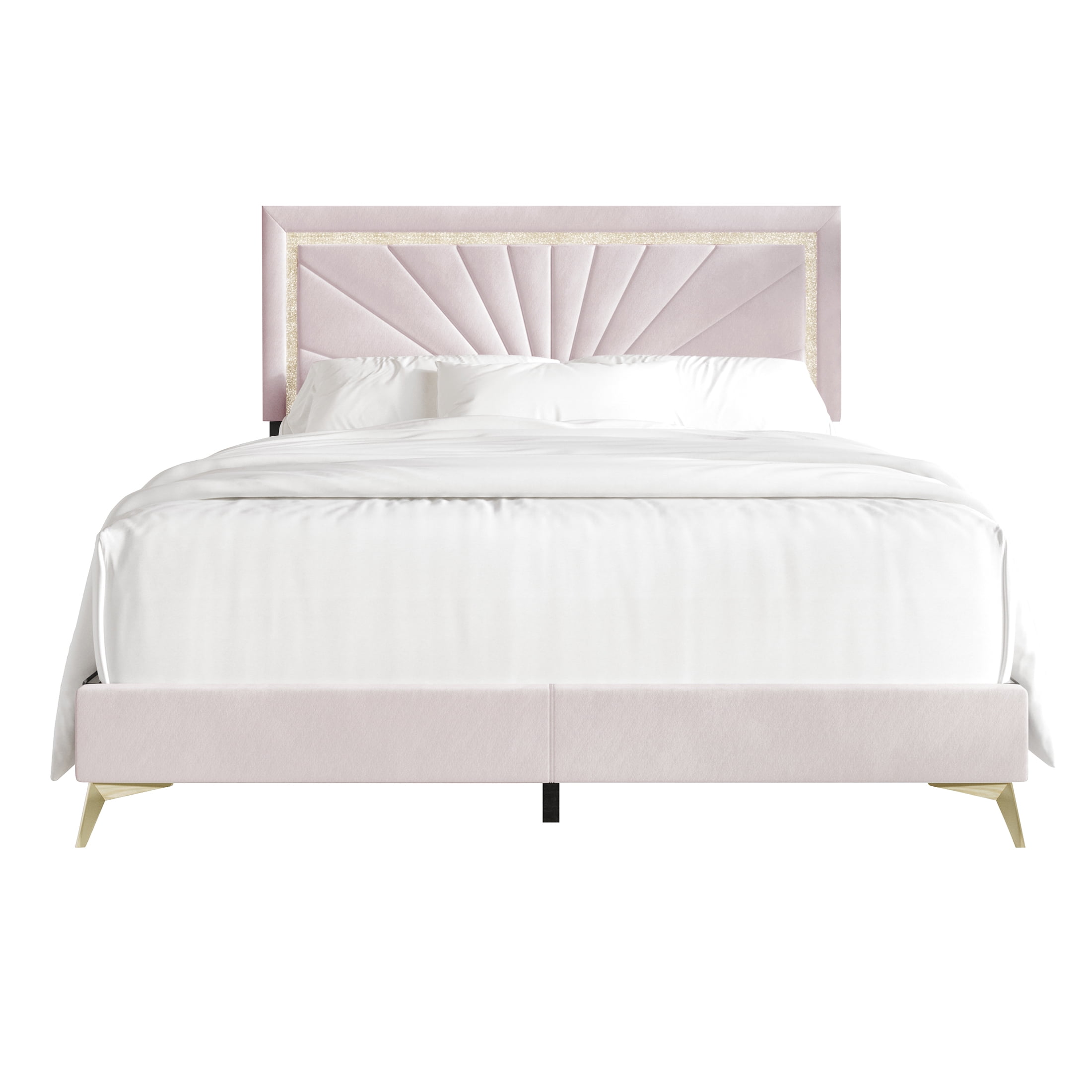 Castle Place Luxurious Diamond Strip Velvet Upholstered Bed Light Pink, Full