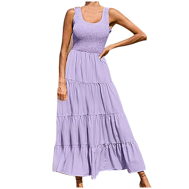 QIPOPIQ Robes Longues à Volants Sans Manches Smockées pour Femmes en Liquidation