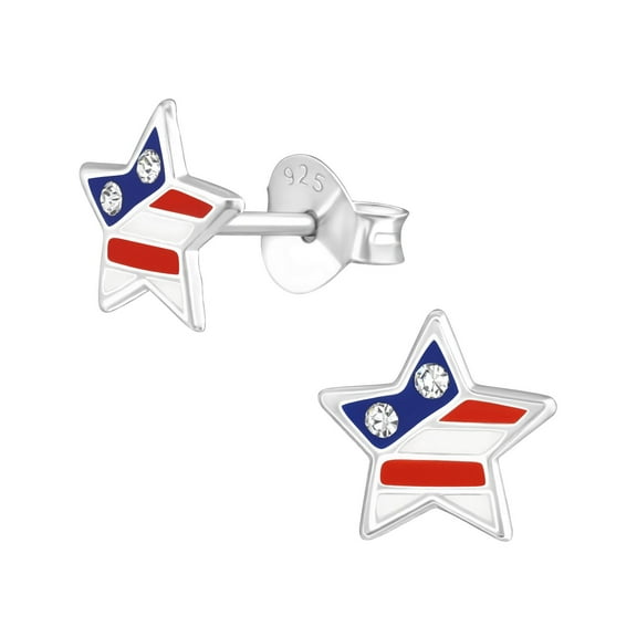Star Shape American Flag 925 Sterling Silver Stud Earrings with Crystals
