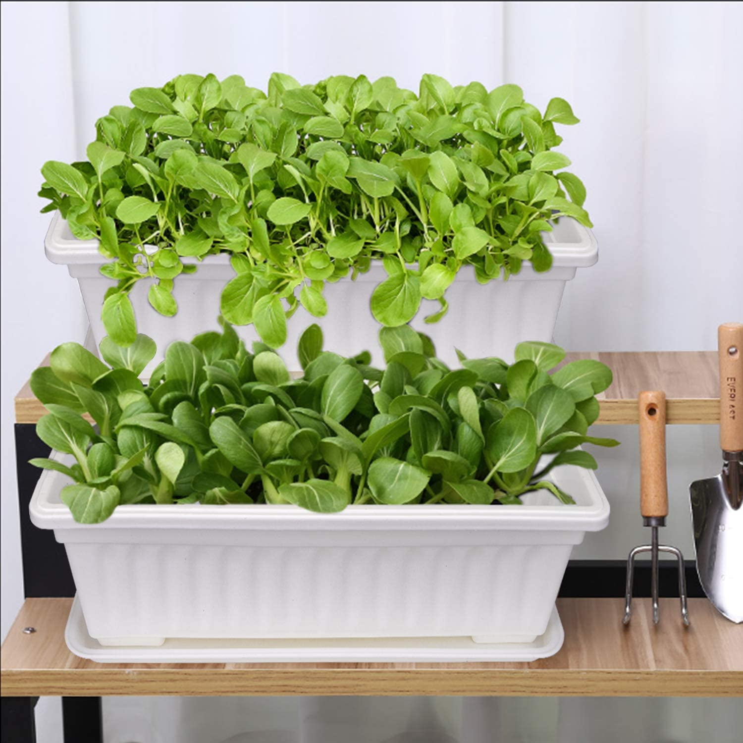 GIXUSIL 3 Pack 17 inches White Flower for Window Box Premium Plastic Vegetable Planters with Trays Vegetables Growing Container Garden Flower Plant Pot for Balcony, Window Sill, Patio, Garden