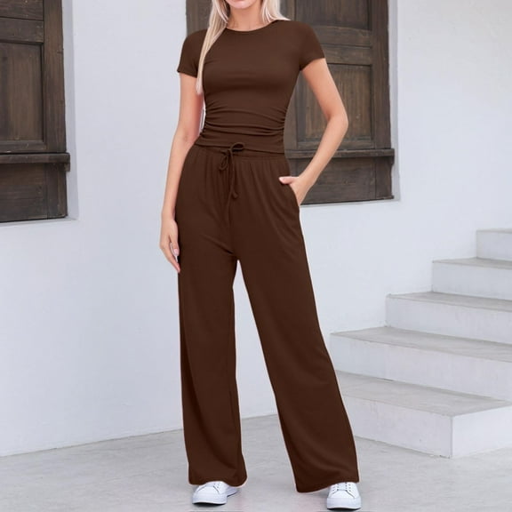 2 Piece Sets For Women Summer Travel Vacation Outfits Workout Ruched Tops Wide Leg Pants Sets Shirt And Skirt Set for Women Formal Womens Party Dress Dressy Pant Suits Dress for Women 80s Jumpsuits