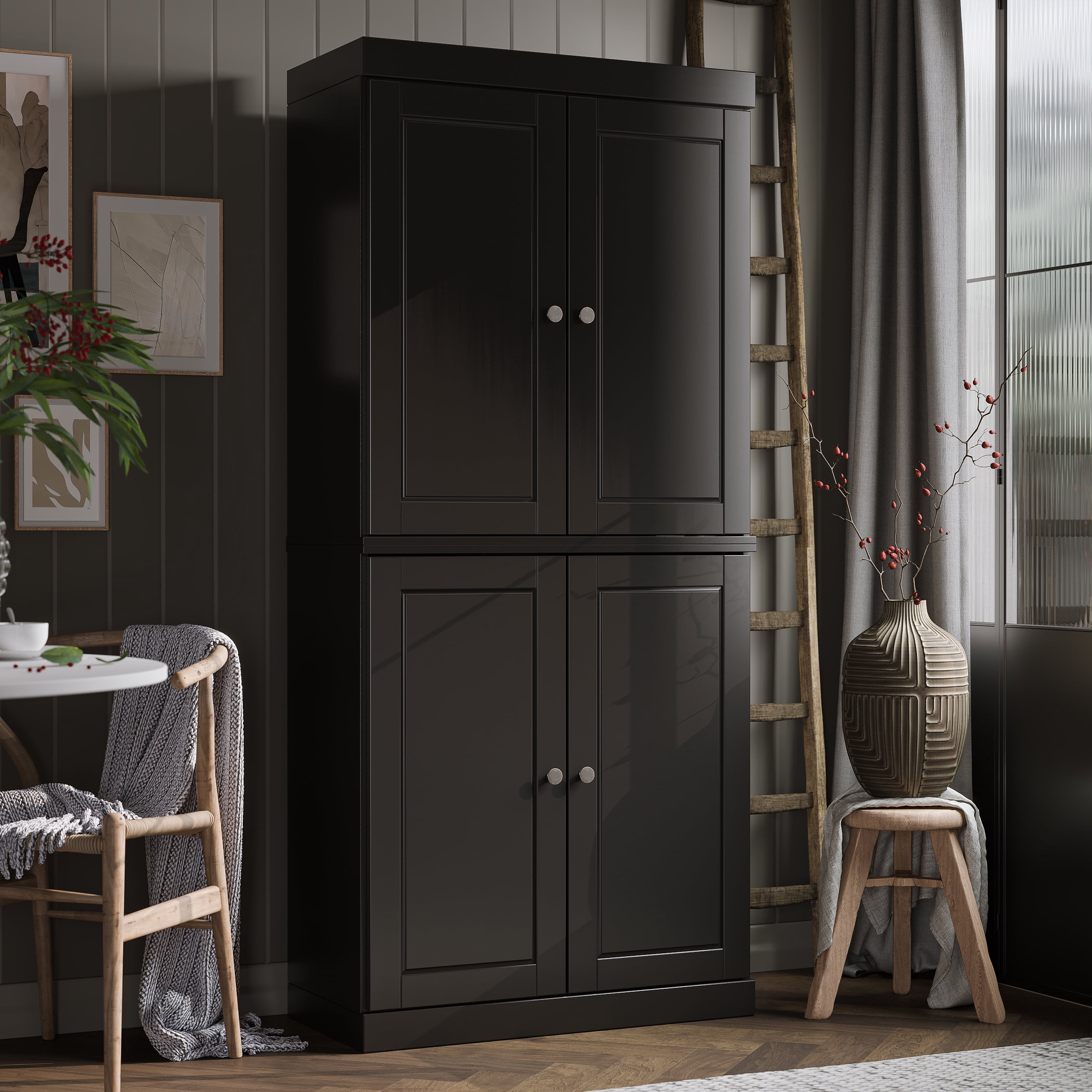 Palace Imports 100% Solid Wood Kitchen Pantry Storage Cabinet with Doors, Adjustable Shelves and 2-Drawers, Black