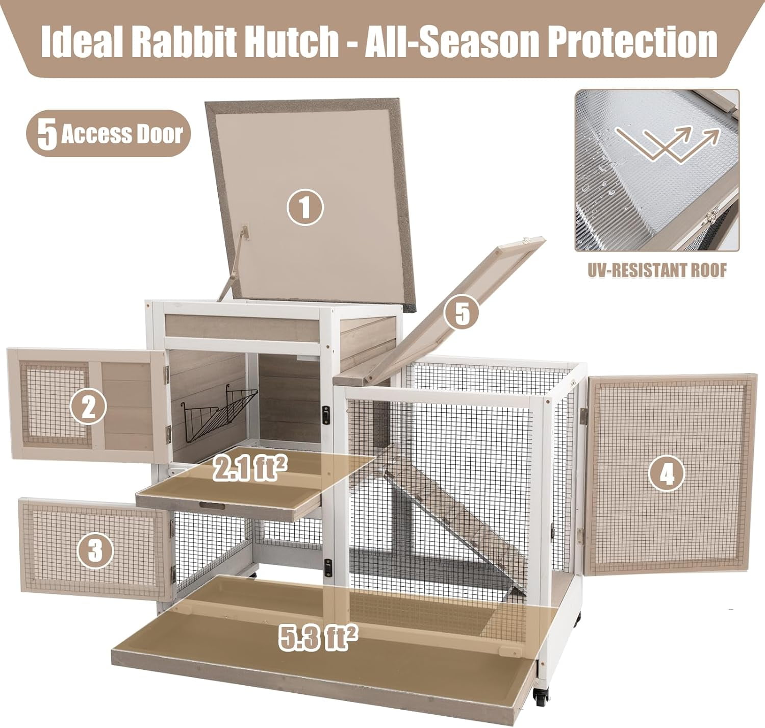 PETSCOSSET 40" Rabbit Hutch Indoor, 2 Story Outdoor Wooden Bunny Hutch with Run, Pet House for Small Animals