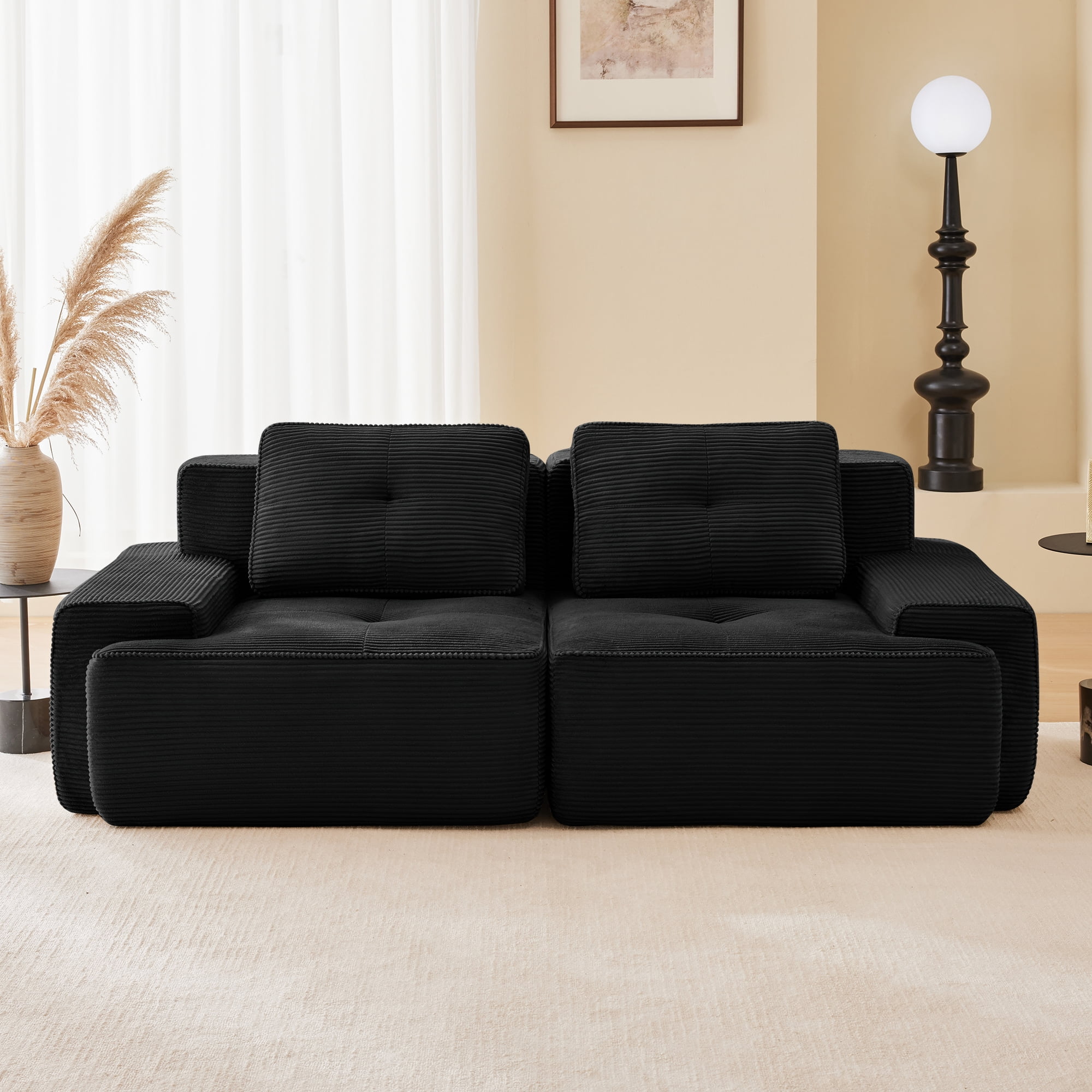 82 Inch Black Corduroy L-Shaped Sectional, Modular 2-Seater with Deep Seat, Pearl Piping and Buckle Connection, No Assembly Required