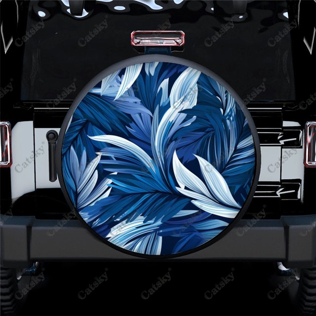 Abstract Modern Blue Leaves Pattern Polyester Universal Spare Wheel Tire Cover Wheel Covers for Trailer RV SUV Truck Camper