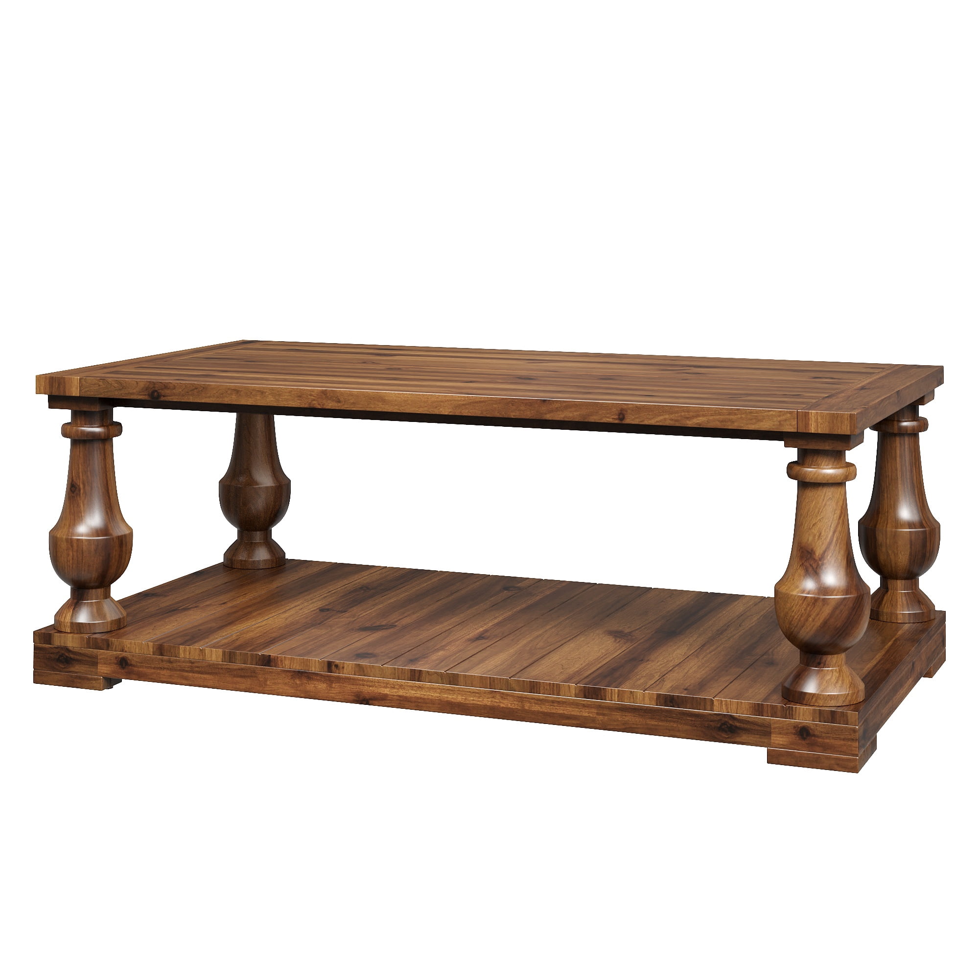 GARITIN Farmhouse Coffee Table with Storage Shelf, Solid Wood Turned Legs, 2-Tier Rustic Wood Center Table for Living Room, Walnut
