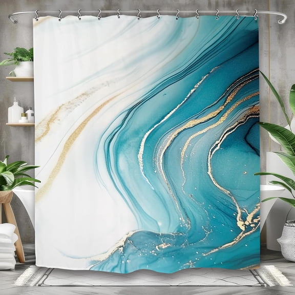 Teal Marble Extra Long Bathroom Shower Curtain 72W by 84H Inch Turquoise Ripples Blue Gold Ocean Modern Luxury Abstract Swirls Polyester Fabric 12 Plastic Hooks Waterproof Decor