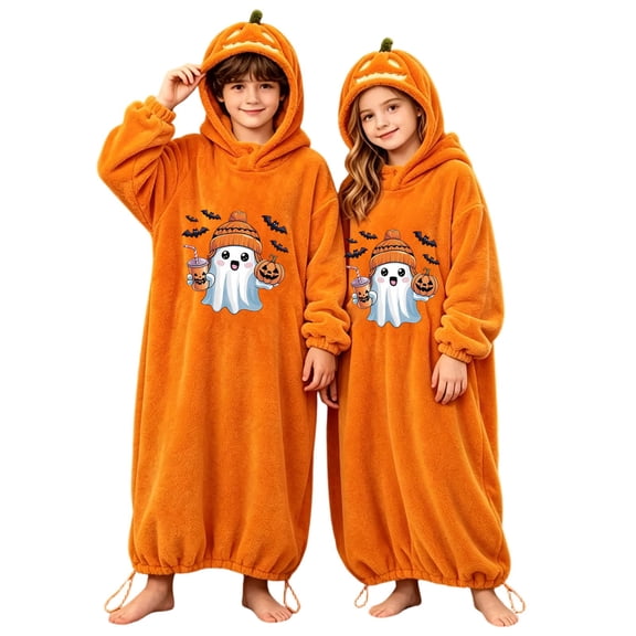 CONROSES Girls Halloween Onesie Pajamas Cute Ghost Graphic Plush Hooded Pjs Hallowmas Loungewear Sets Warm Fall Winter Nightwear Sleepwear