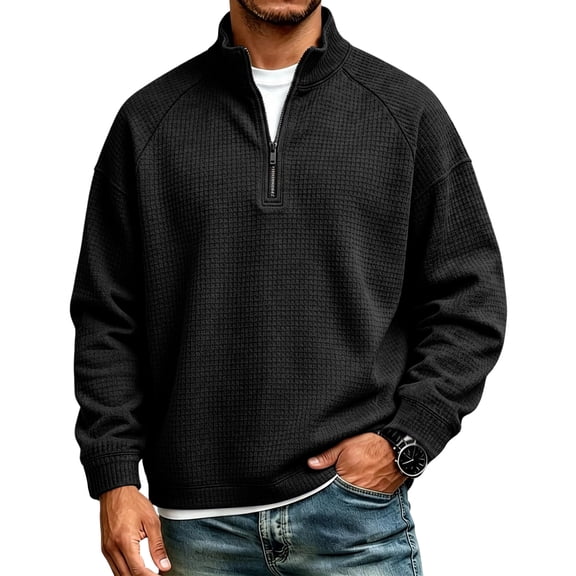 Waffle Knit 1/4 Zip Pullover for Men Long Sleeve Mens Casual Mock Neck Sweater Loose Raglan Sleeve Lightweight Textured Top for Everyday Outdoor Activity