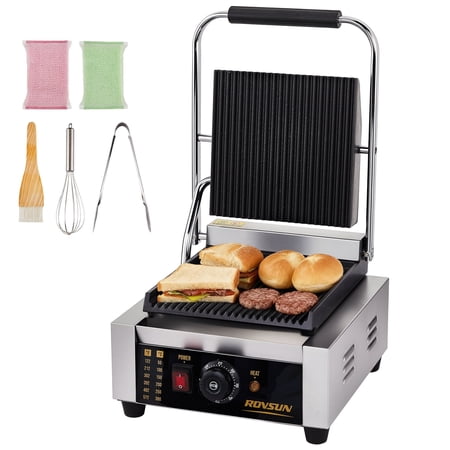 ROVSUN 811 Commercial Panini Press Grill, 2200W Stainless Steel Electric Countertop Sandwich Maker with Adjustable Temp 122°F–572°F, For Steak, Burgers, Home & Restaurant Use, 110V, Silver
