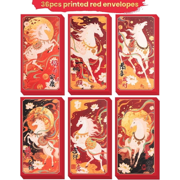 36 Pcs 2026 Year of the Horse Red Envelopes, 6 Designs White Horse with Chinese Blessings, Large Lucky Money Envelopes for Lunar New Year, Spring Festival Gifts