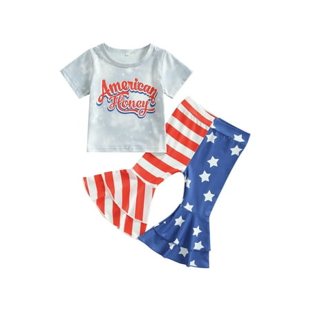 

Qtinghua 4th of July Toddler Baby Girl Outfit Letters Short Sleeve T-Shirt American Flag Flare Pants Independence Day Clothes