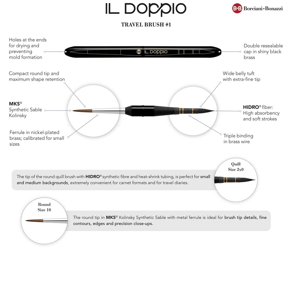 Borciani e Bonazzi Il Doppio Double-Sided 2-in-1 Brush Travel Set, Sizes 1 & 2 - Portable Paintbrush for Urban Sketching, Synthetic Kolinsky, Made in Italy, Vegan, Cruelty-Free